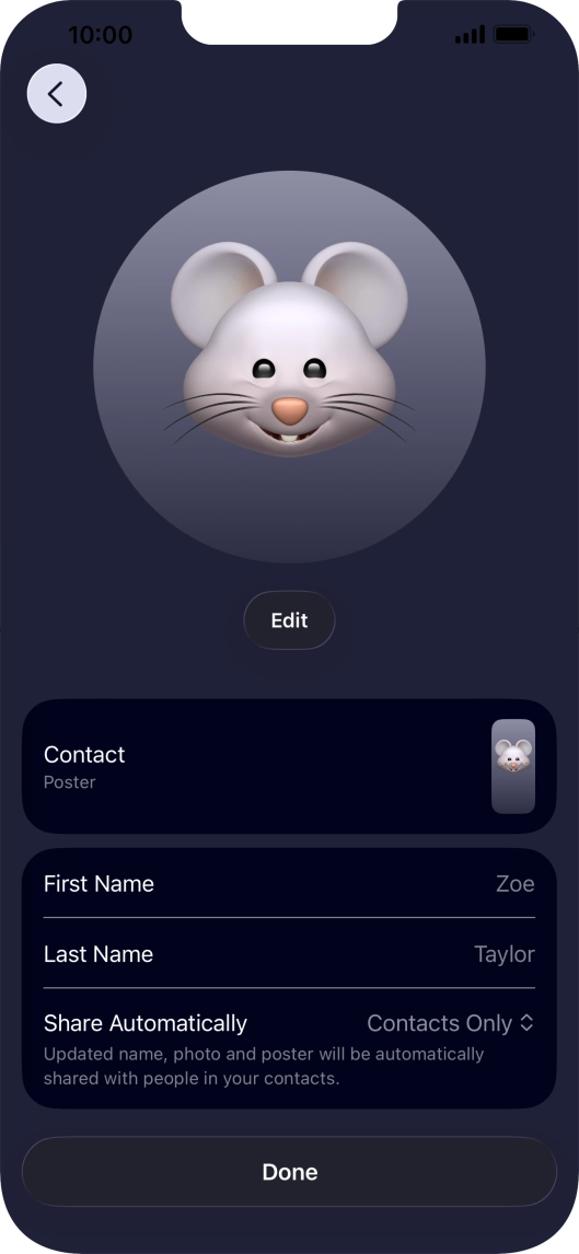 Press the name fields and follow the instructions on the screen to edit your name on the Contact Poster.