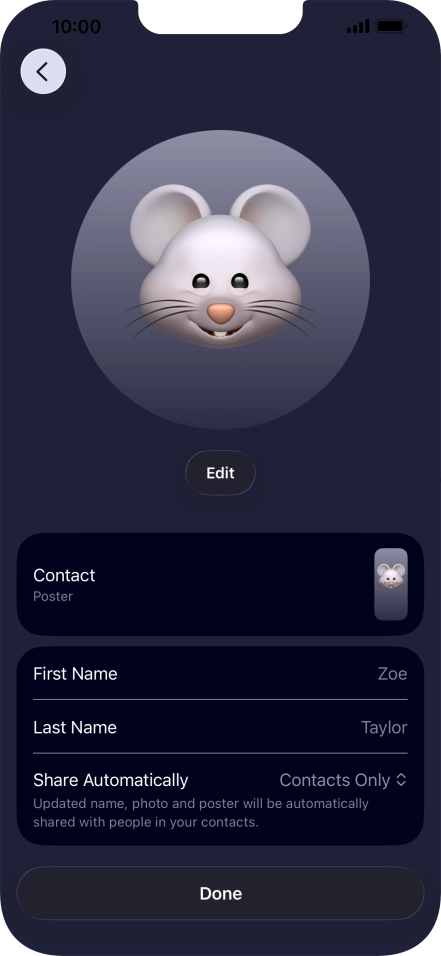 Press the name fields and follow the instructions on the screen to edit your name on the Contact Poster.