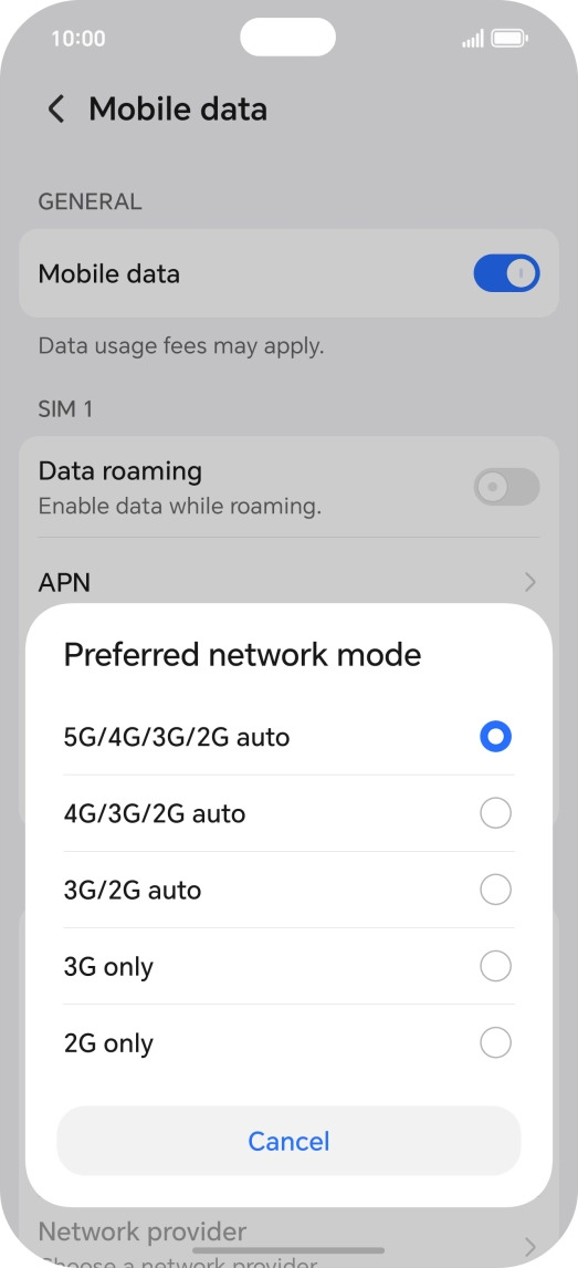 Press the required network mode.