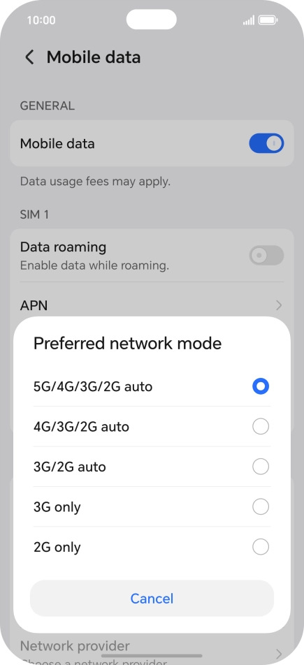 Press the required network mode.