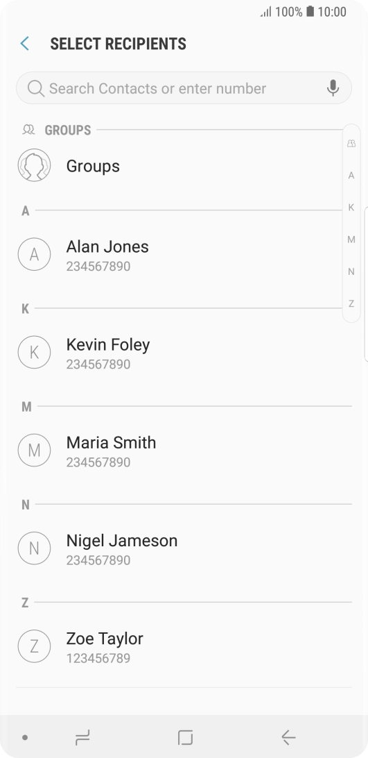 Press the search field and key in the first letters of the recipient's name.
