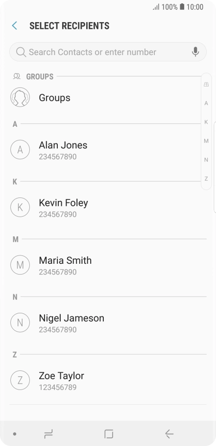 Press the search field and key in the first letters of the recipient's name.
