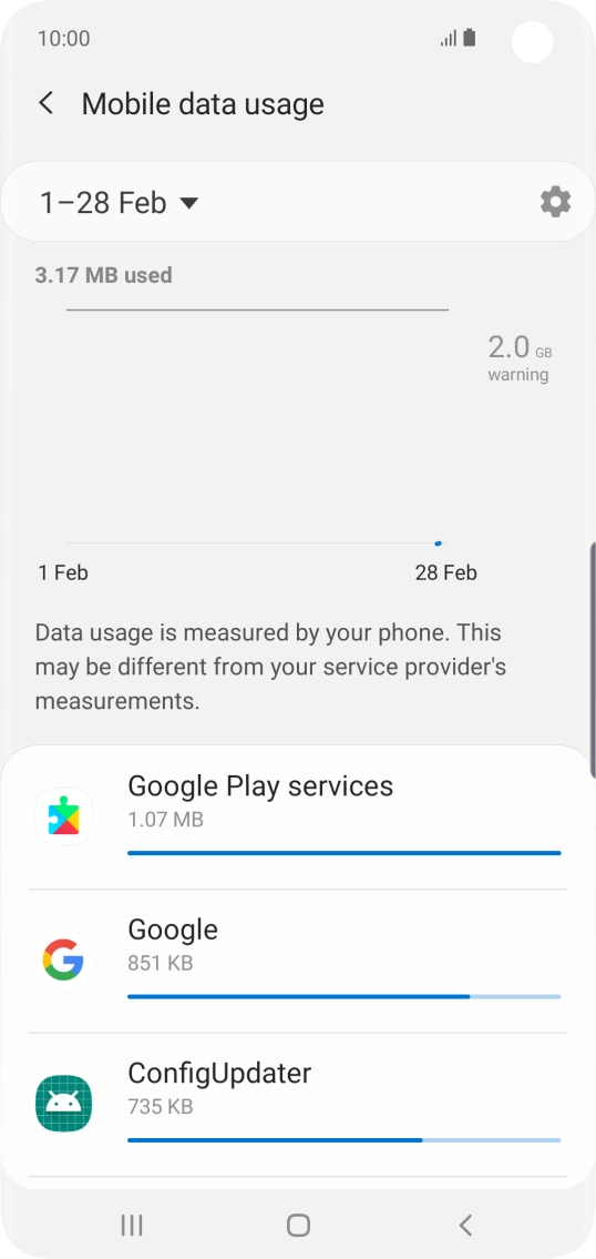 The data usage for each application is displayed below the name of the application.