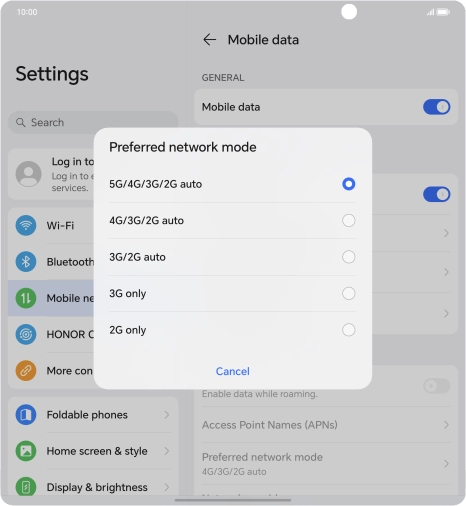 Press the required network mode.