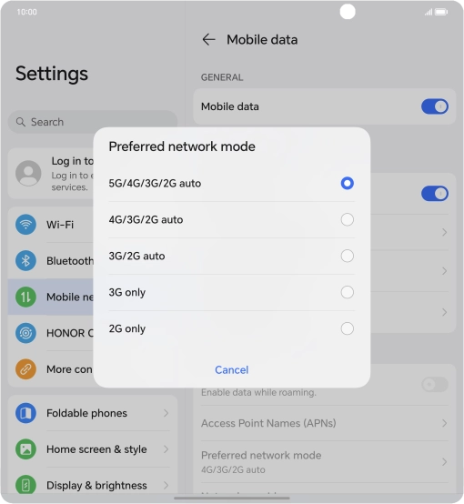 Press the required network mode.
