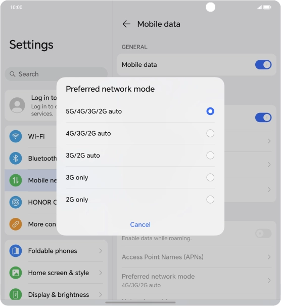 Press the required network mode.