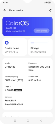 Press ColorOS. If a new software version is available, it's displayed. Follow the instructions on the screen to update the phone software.