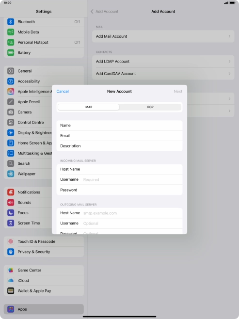 Press Username and key in the username for your email account.