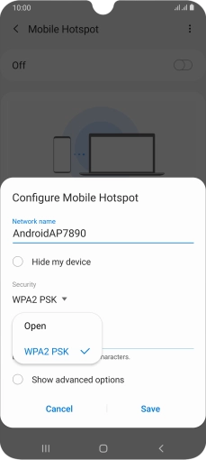 Press WPA2 PSK to password protect your Wi-Fi hotspot.