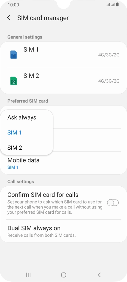 Press the required setting.