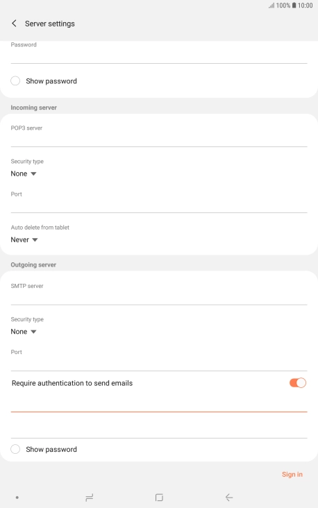 Press the password field and key in the password for your email provider's outgoing server.