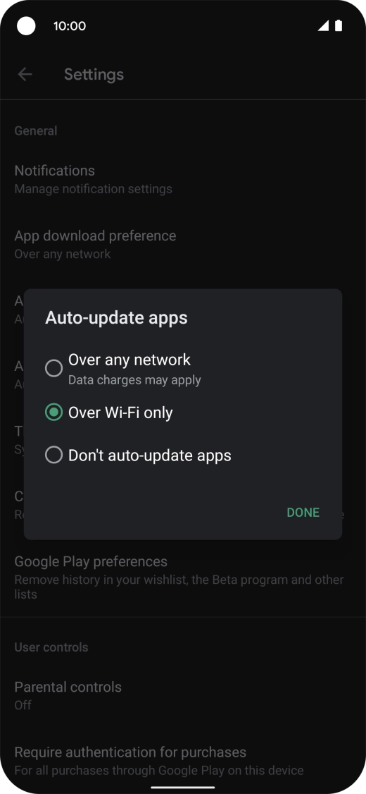 To turn on automatic update of apps using mobile network, press Over any network.