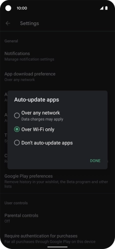 To turn on automatic update of apps using mobile network, press Over any network.