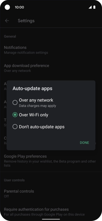 To turn on automatic update of apps using mobile network, press Over any network.