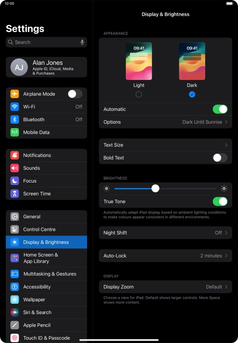 If you turn on the function, press Options and follow the instructions on the screen to select the required period of time for Dark Mode.