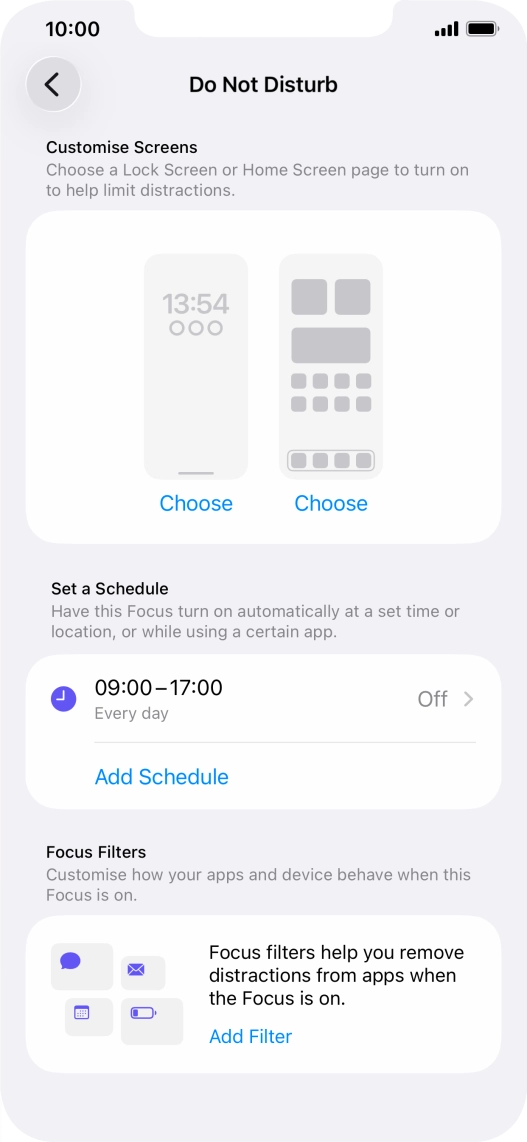 Press Add Schedule and follow the instructions on the screen to select settings for automatic activation of Do Not Disturb.
