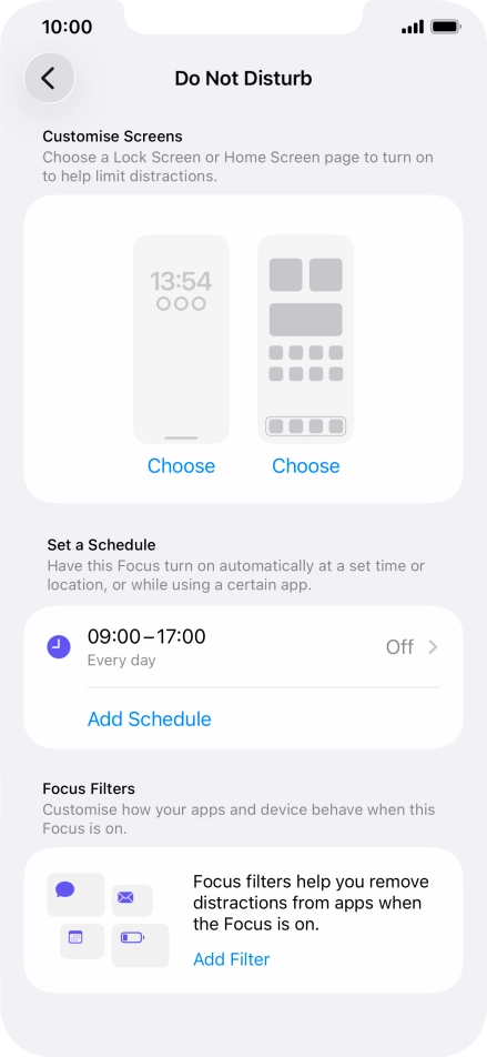 Press Add Schedule and follow the instructions on the screen to select settings for automatic activation of Do Not Disturb.