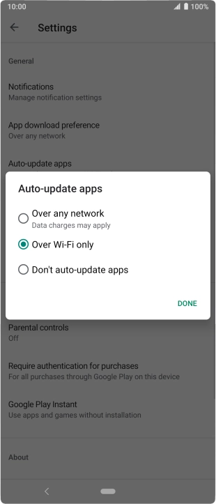 To turn on automatic update of apps using mobile network, press Over any network.
