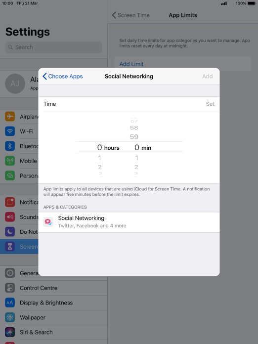 Set the required time limit for use of the selected category.