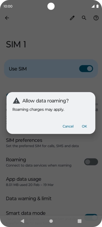 If you turn on data roaming, press OK.