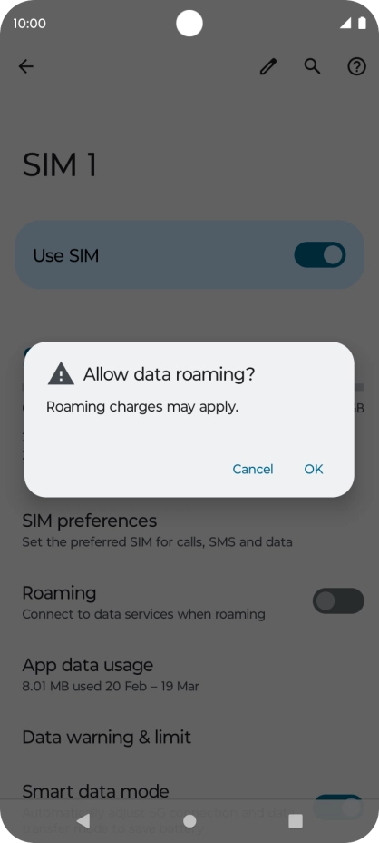If you turn on data roaming, press OK.