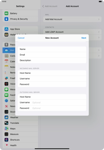 Press Username and key in the username for your email account.