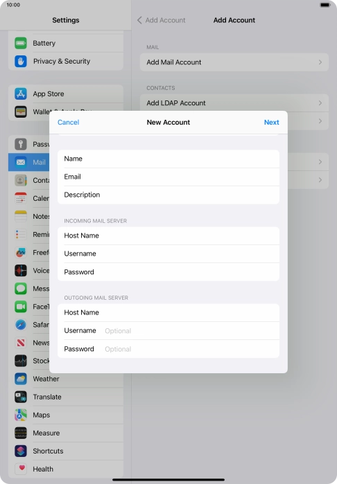 Press Username and key in the username for your email account.