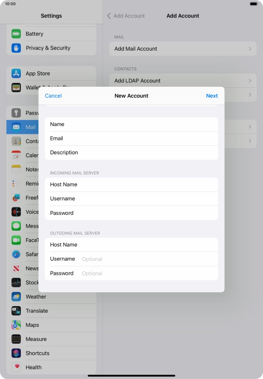 Press Username and key in the username for your email account.