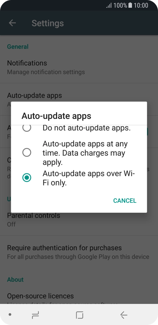 To turn on automatic update of apps using Wi-Fi, press Auto-update apps over Wi-Fi only..