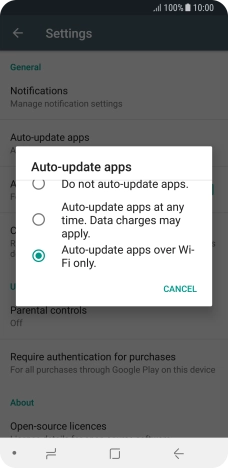 To turn on automatic update of apps using Wi-Fi, press Auto-update apps over Wi-Fi only..