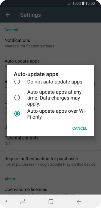 To turn on automatic update of apps using Wi-Fi, press Auto-update apps over Wi-Fi only..