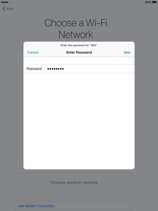 Key in the password for the Wi-Fi network and press Join.