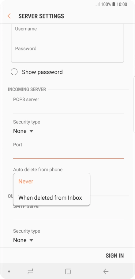 Press Never to keep email messages on the server when you delete them on your phone.