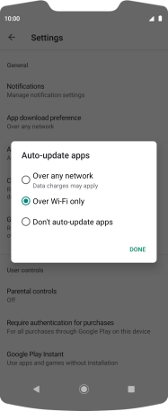 To turn on automatic update of apps using mobile network, press Over any network.