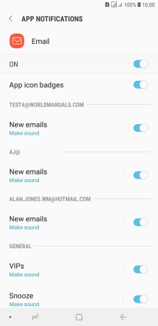 Press the indicator below the required email account to turn the function on or off.