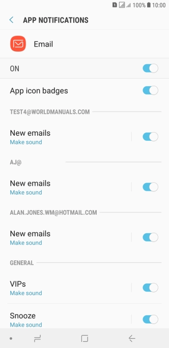 Press the indicator below the required email account to turn the function on or off.