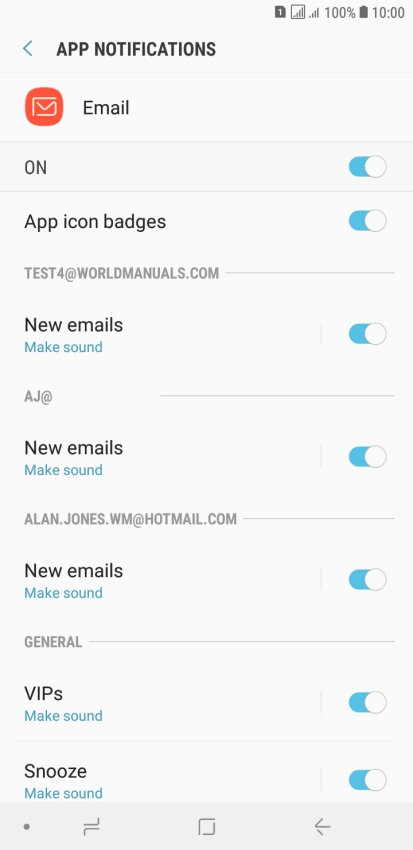 Press the indicator below the required email account to turn the function on or off.