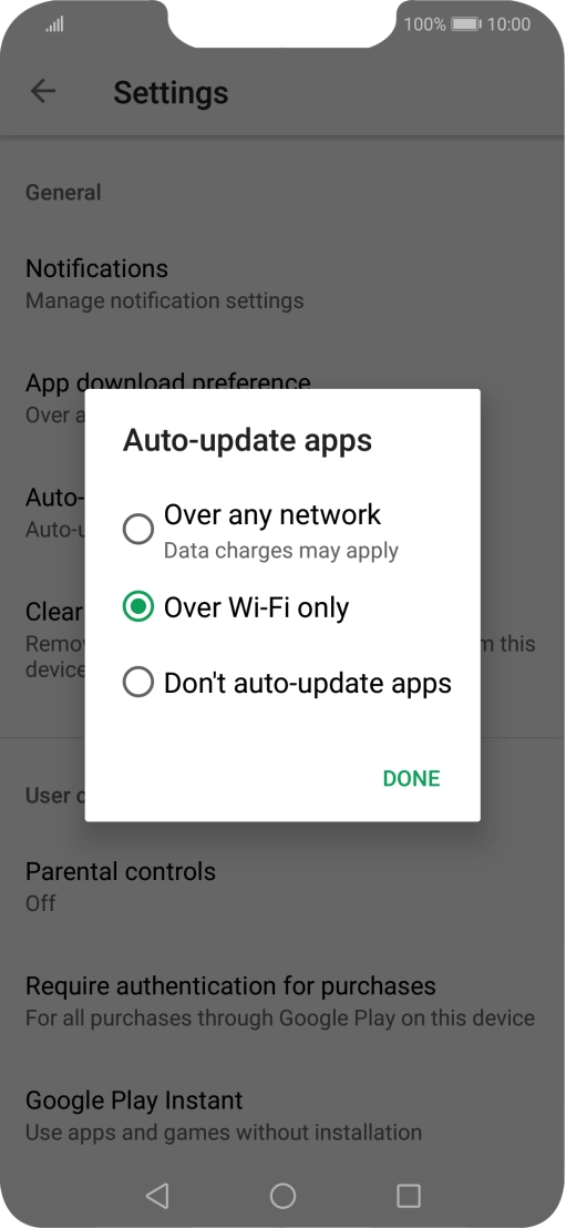 To turn on automatic update of apps using mobile network, press Over any network Data charges may apply.