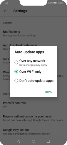 To turn on automatic update of apps using mobile network, press Over any network Data charges may apply.