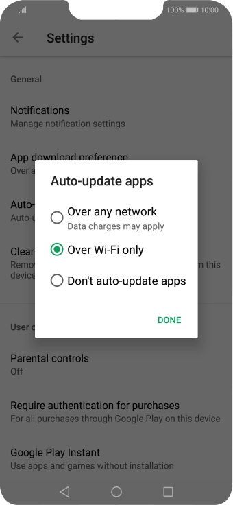 To turn on automatic update of apps using mobile network, press Over any network Data charges may apply.