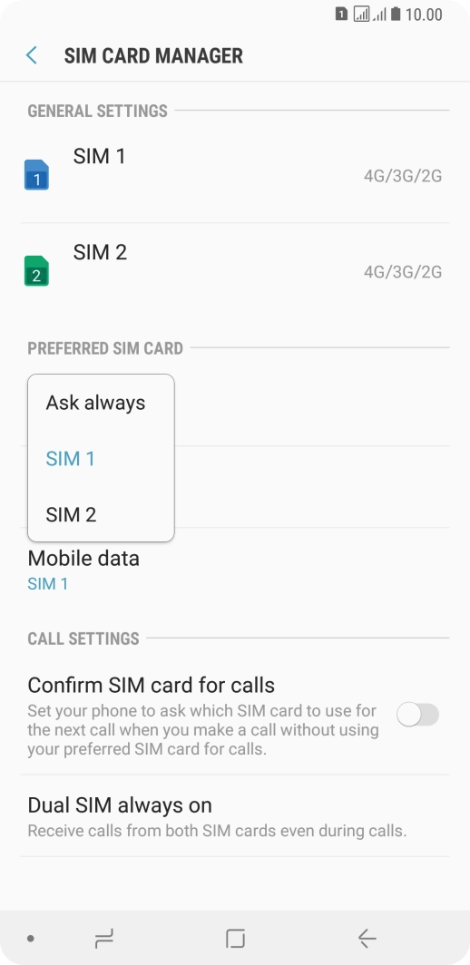 Press the required setting.
