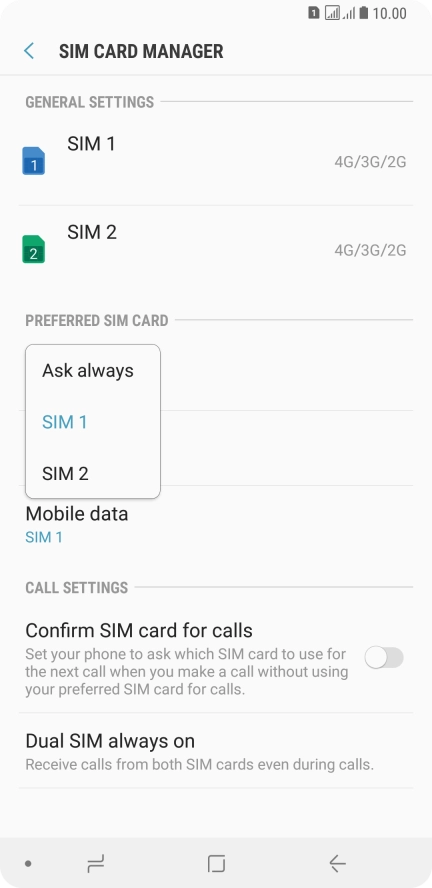 Press the required setting.