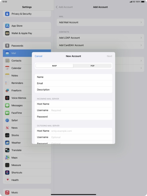 Press Username and key in the username for your email account.