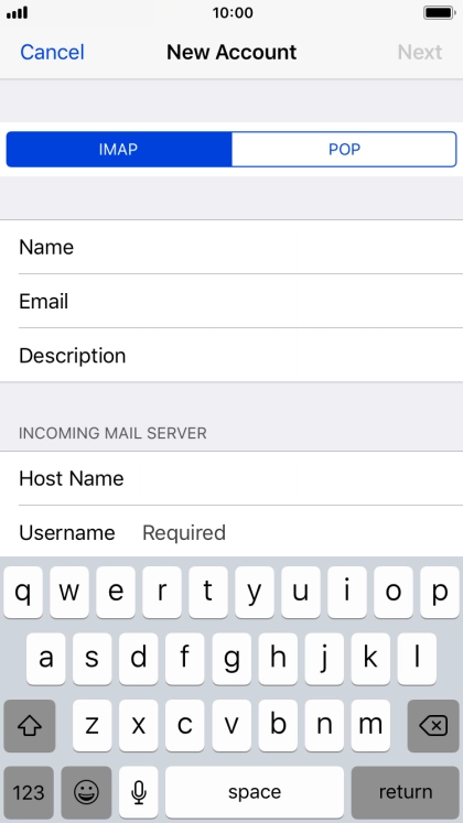 Press Username and key in the username for your email account.
