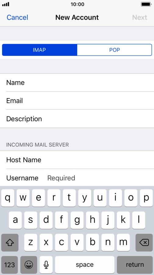 Press Username and key in the username for your email account.