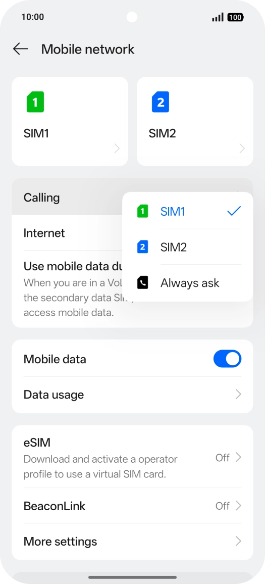 Press the required setting.