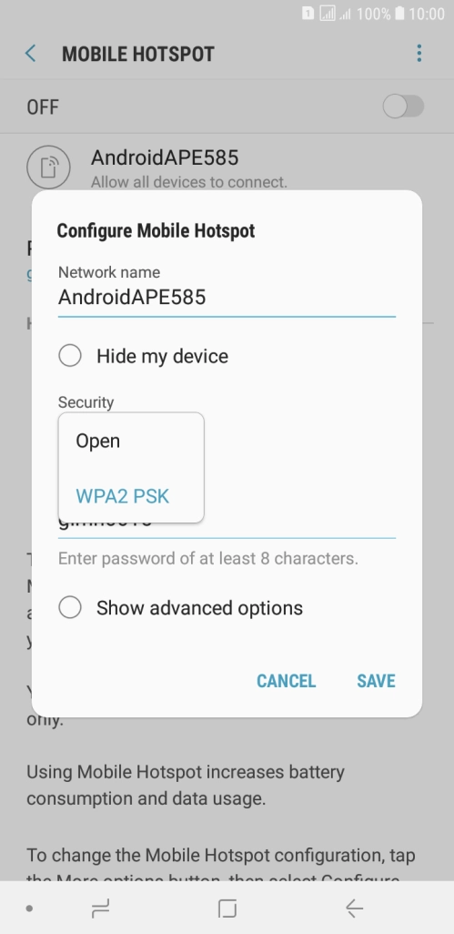 Press WPA2 PSK to password protect your Wi-Fi hotspot.
