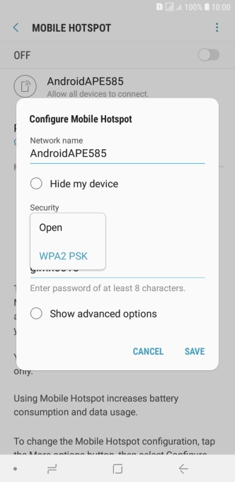 Press WPA2 PSK to password protect your Wi-Fi hotspot.
