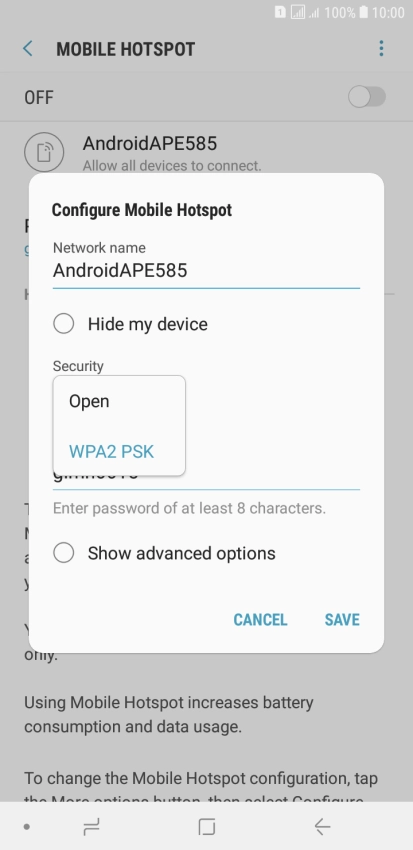 Press WPA2 PSK to password protect your Wi-Fi hotspot.