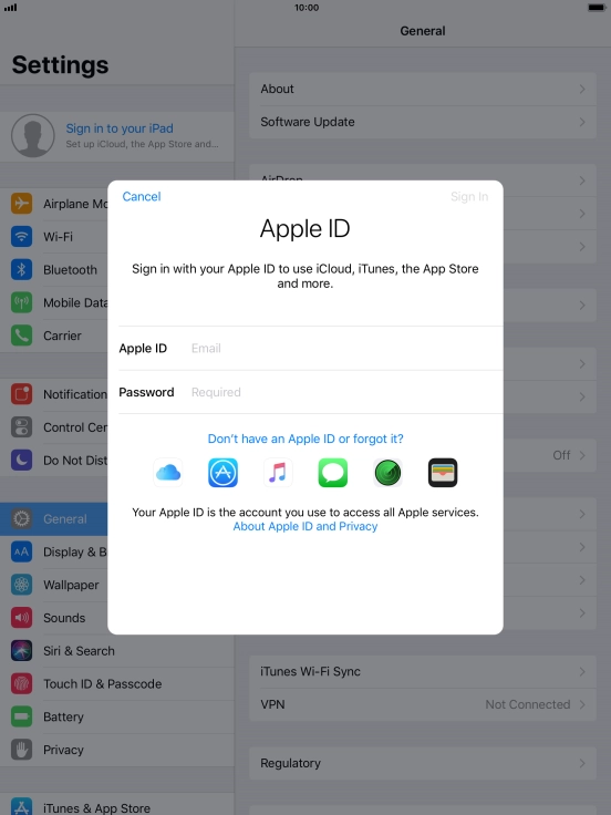 If you don t have an Apple ID, press Don't have an Apple ID or forgot it? and follow the instructions on the screen to create an Apple ID.